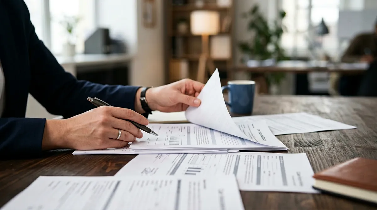Ilustracja: przegląd dokumentów przy stole w kontekście ubezpieczenia