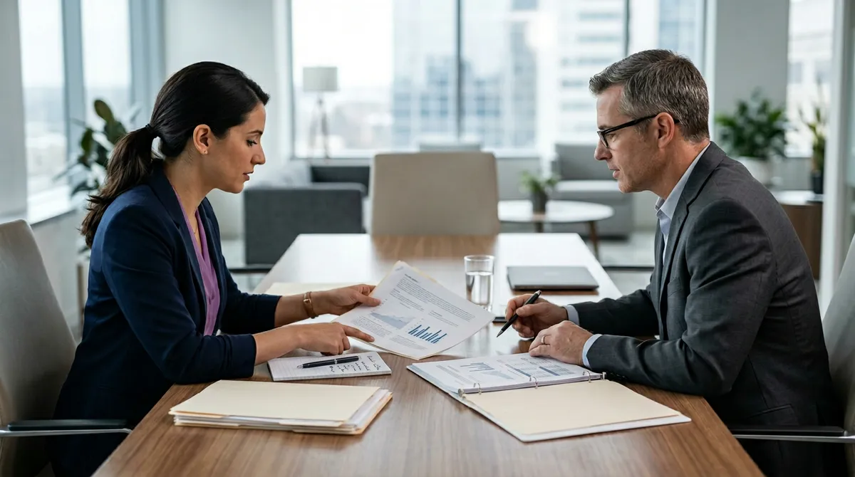 Scena konsultacji informacyjnej przy dokumentach ubezpieczeniowych